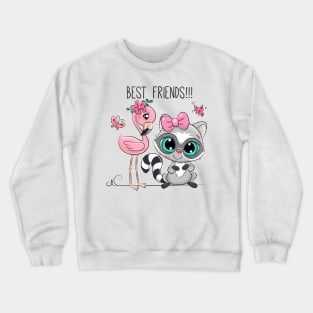 Cute raccoon and pink flamingo. Good friends are animals. Crewneck Sweatshirt